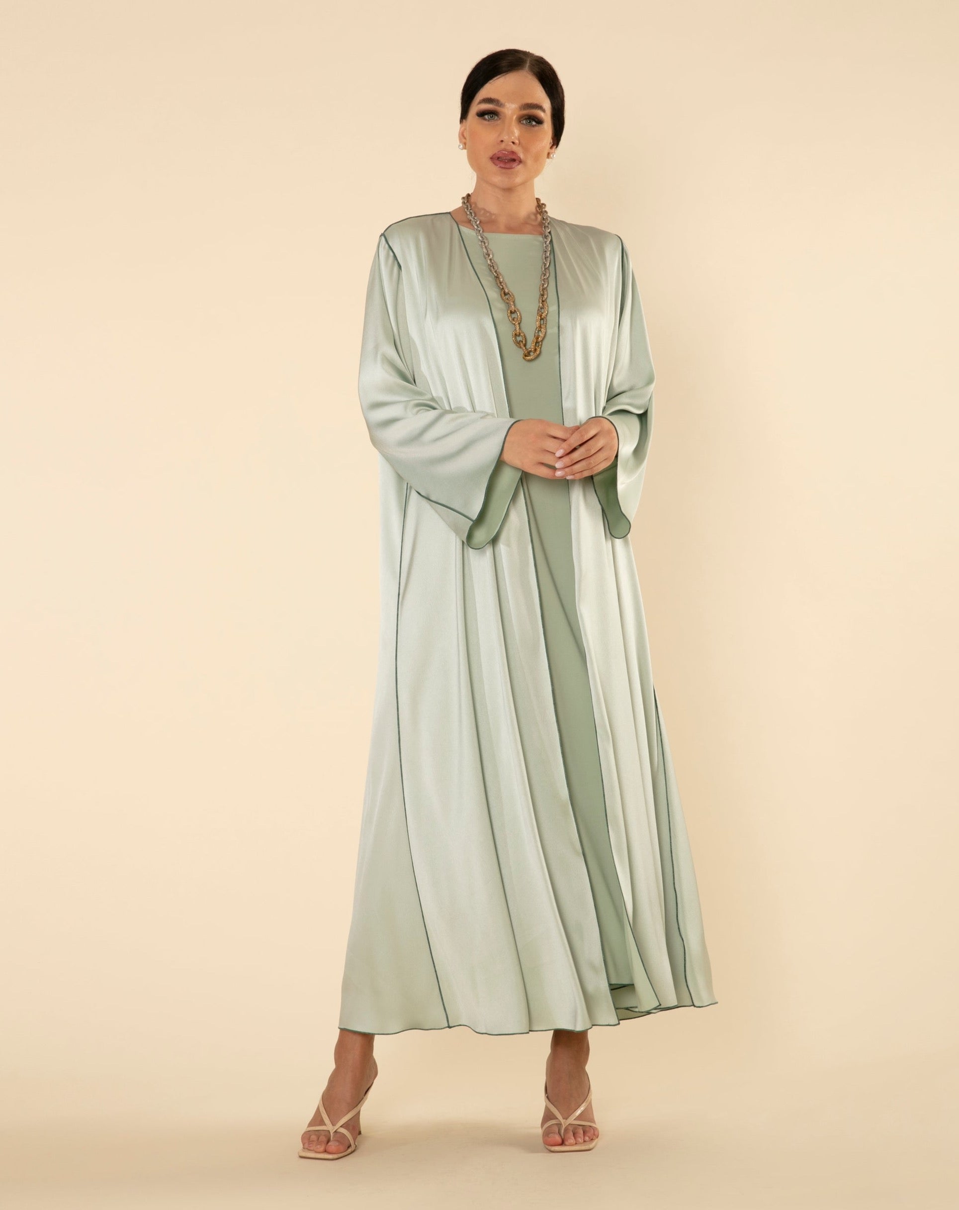 ROYAL SILK ABAYA SET IN PISTACHIO GREEN Vaya Fashion ROYAL SILK ABAYA SET IN PISTACHIO GREEN Vaya Fashion